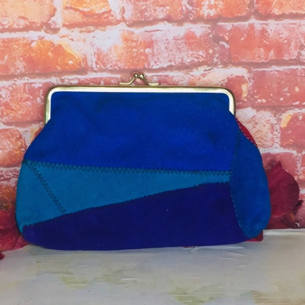 Vintage 70s Colorful Patchwork Kiss-lock Suede Clutch
